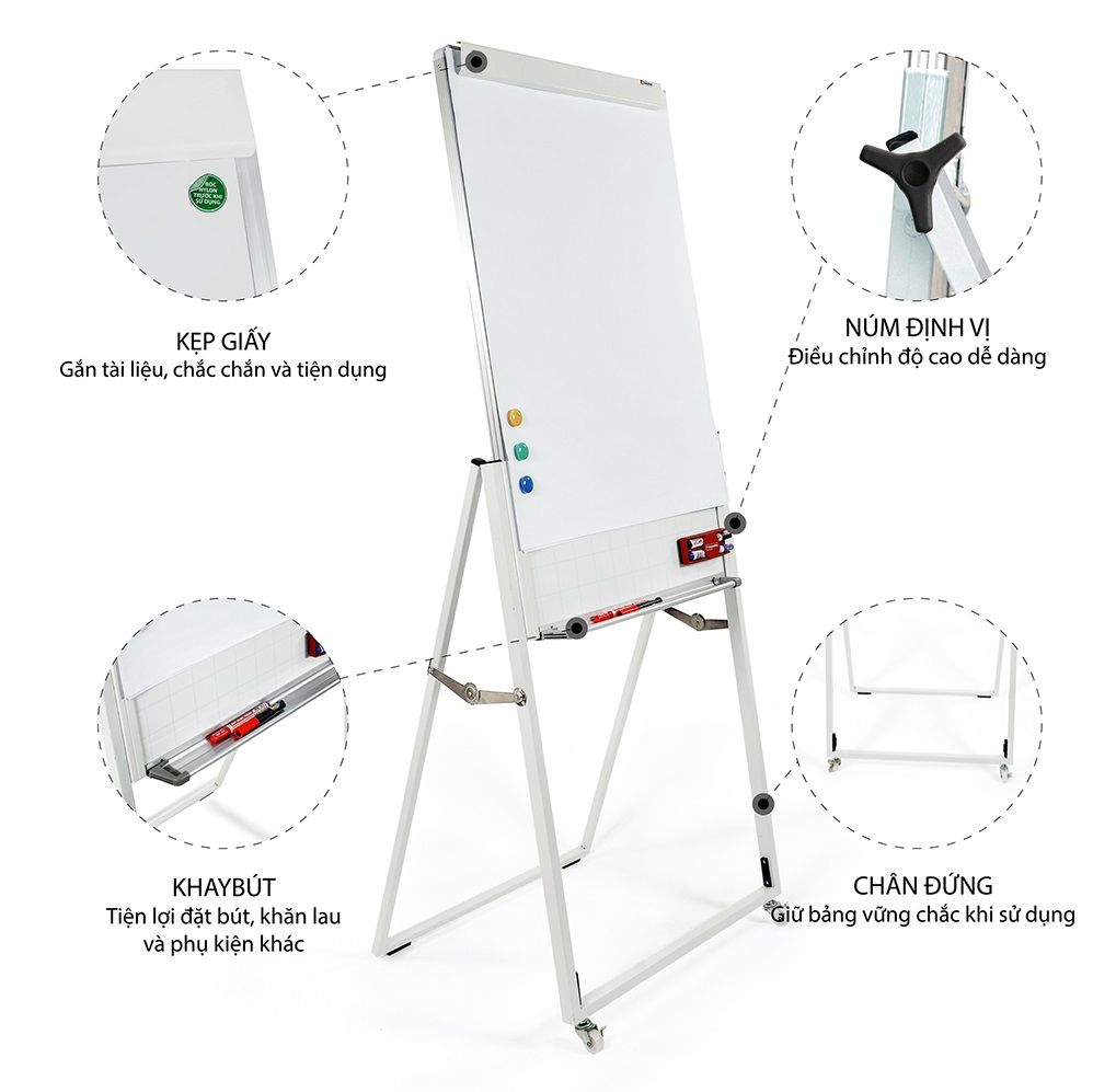 Bảng từ trắng, Bảng đào tạo, Bảng Flipchart kích thước A0 (90cmx120cm), Chân xếp dễ dàng di chuyển